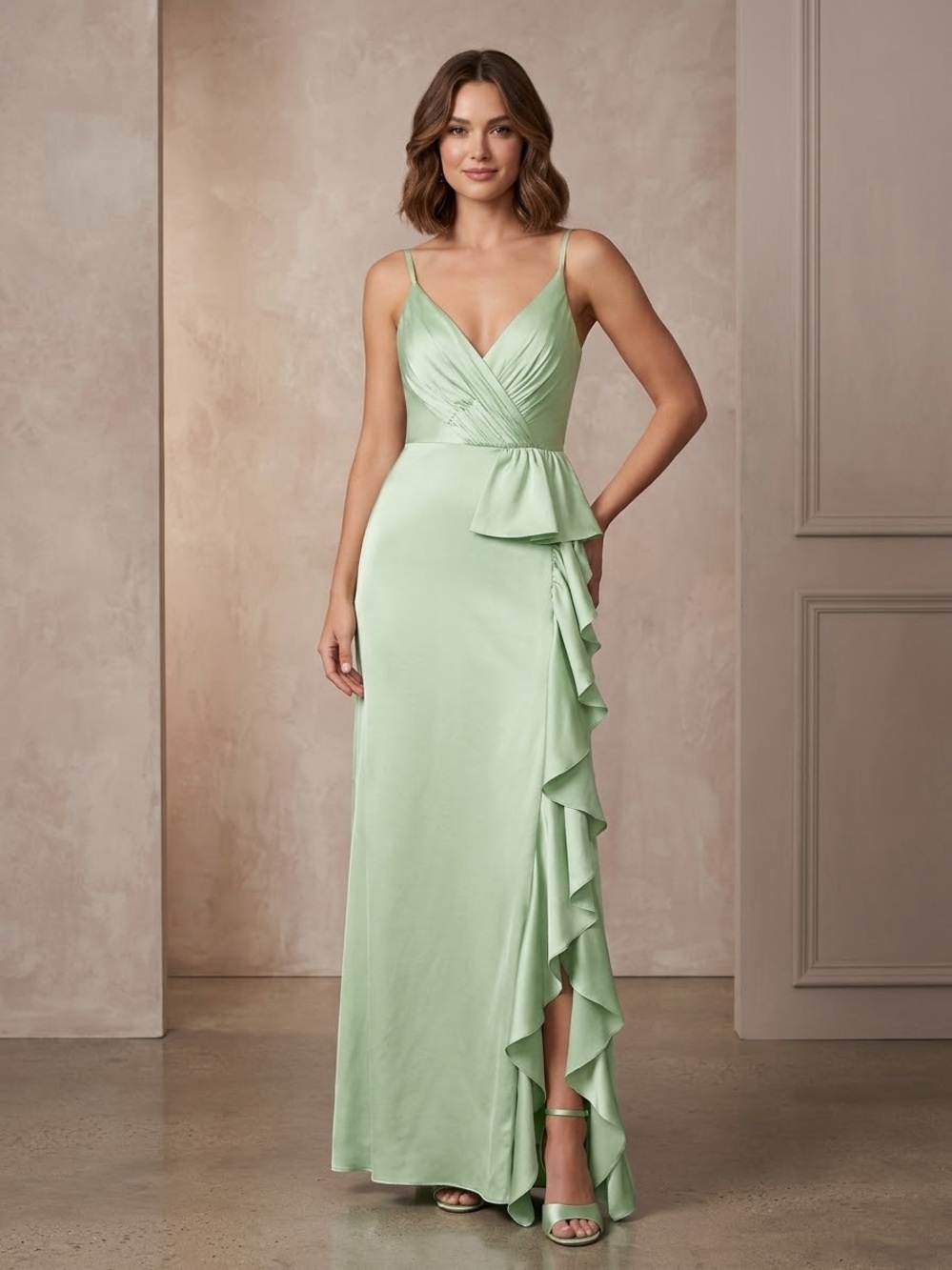 New MAC DUGGAL Satin Ruffled Asymmetrical Gown in Pistachio Green Size 6